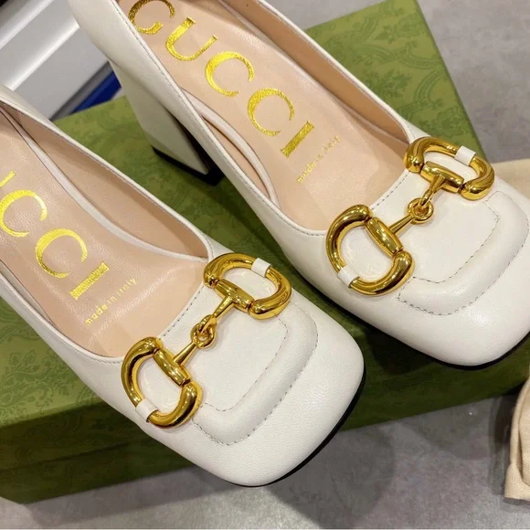 Gucci Women's White Slingback Heels with Gold Accents - Picture 3 of 5